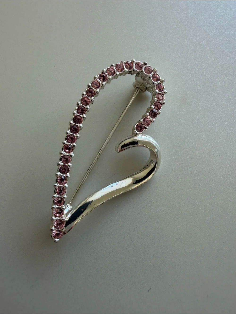 Roman Signed Silver Heart Brooch with Pink Crystal Accents